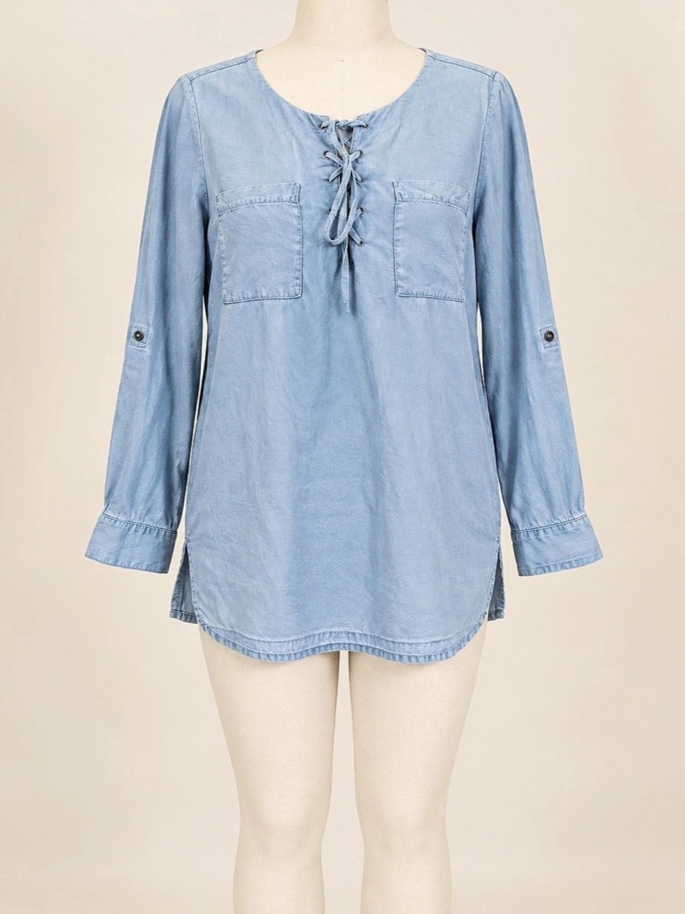 Style & Co Large Lyocell Chambray Lace Up Tunic Top Blue Roll Tab Sleeve